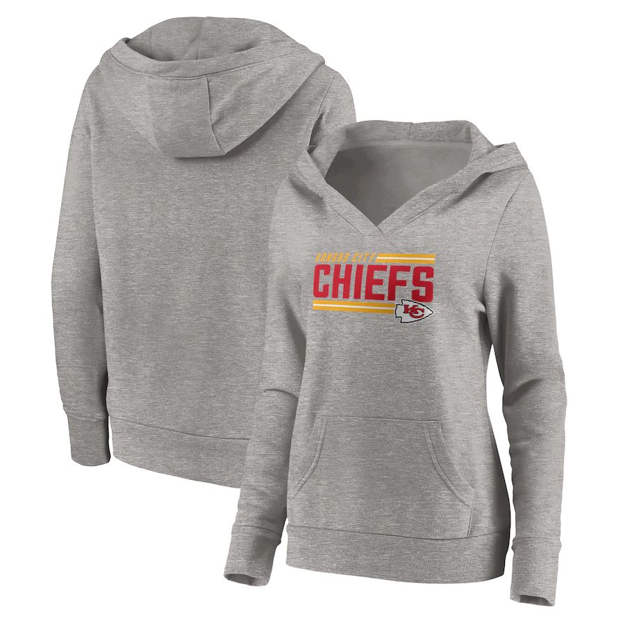 Women Kansas City Chiefs Fanatics Branded Heathered Gray On Side Stripe V-Neck Pullover Hoodie->women nfl jersey->Women Jersey